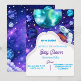 Convite de Festa de Bebê Espaço Aquarela Foguete