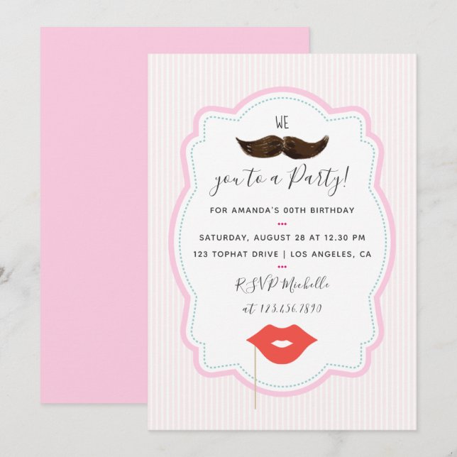 Convite de festa de bigode rosa para meninas (Frente/Verso)