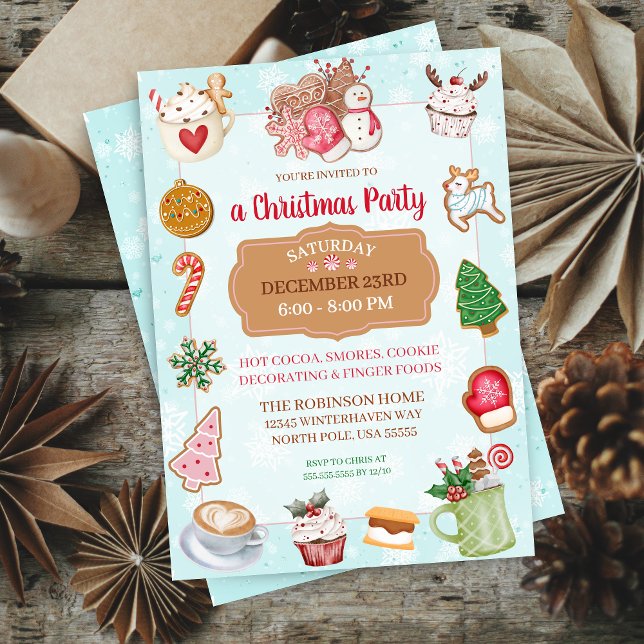 Convite de Festa de Biscoito de Natal com Cacau Qu (Cute mint green aqua and pink theme christmas party invitation for cookie decorating smores holiday)