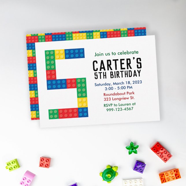 Convite de festa de bloco de construção para a 5ª  (Building Block 5th Birthday Invitation)