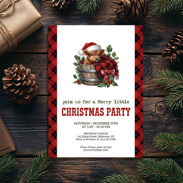 Convite de festa de boi das Terras Altas rústico c (Rustic highland cow party invite holly and pine

)