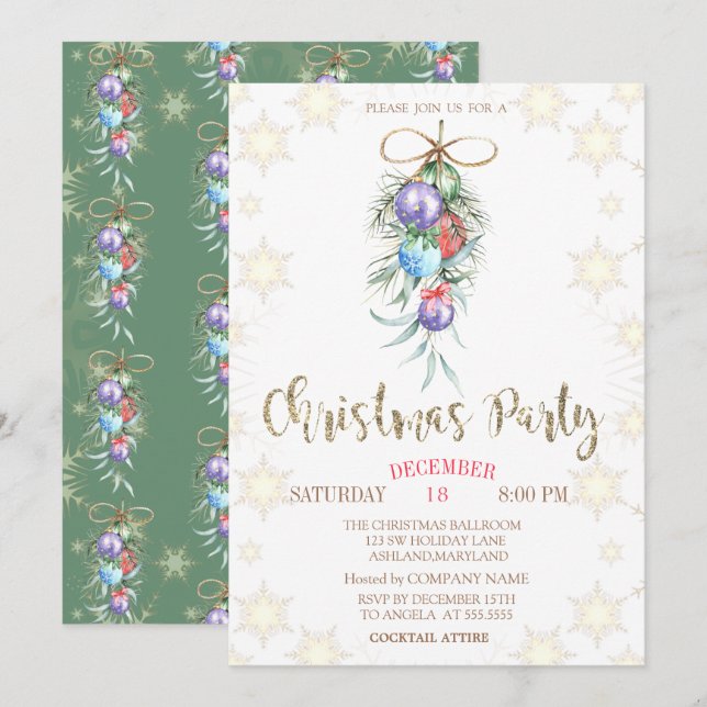 Convite de Festa de Bolas de Natal em Aquarela (Frente/Verso)
