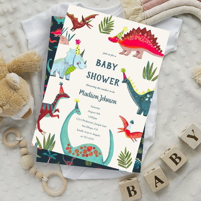 Convite de festa de chá de bebê menino azul dinoss (Dinosaur blue baby shower party invitation)