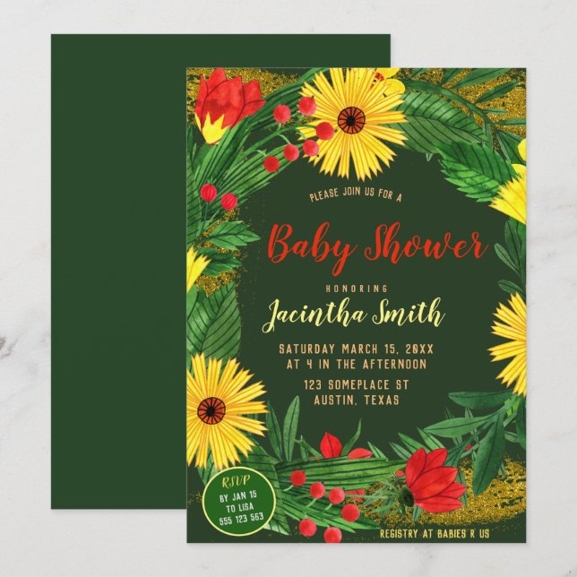 Convite de festa de chá de bebê tropical com flore (Frente/Verso)