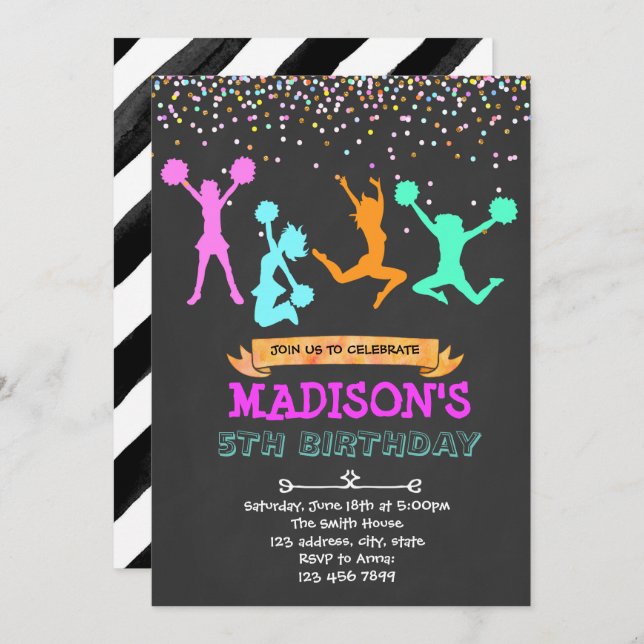 convite de festa de cheerleader glitter (Frente/Verso)