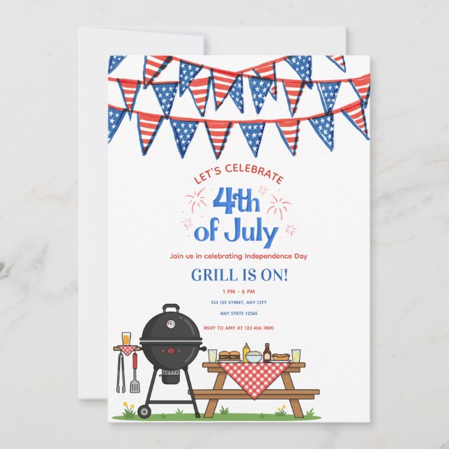 Convite de festa de churrasco patriótico fofo de 4 (Frente)