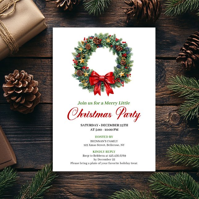 Convite de festa de Coroa de Natal clássica editáv (Classic Christmas Wreath Party Editable Invite)