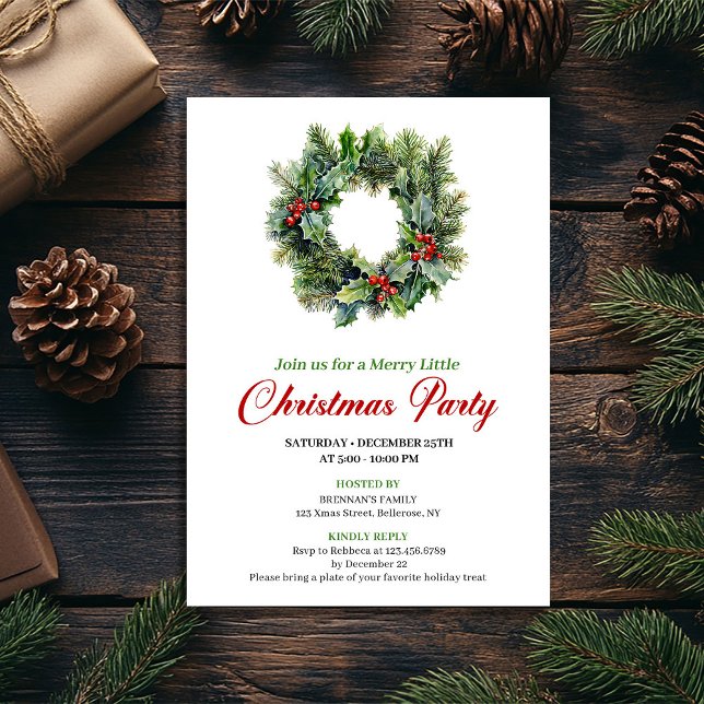 Convite de Festa de Coroa de Natal Tradicional (Traditional Christmas Wreath Party Invitation)