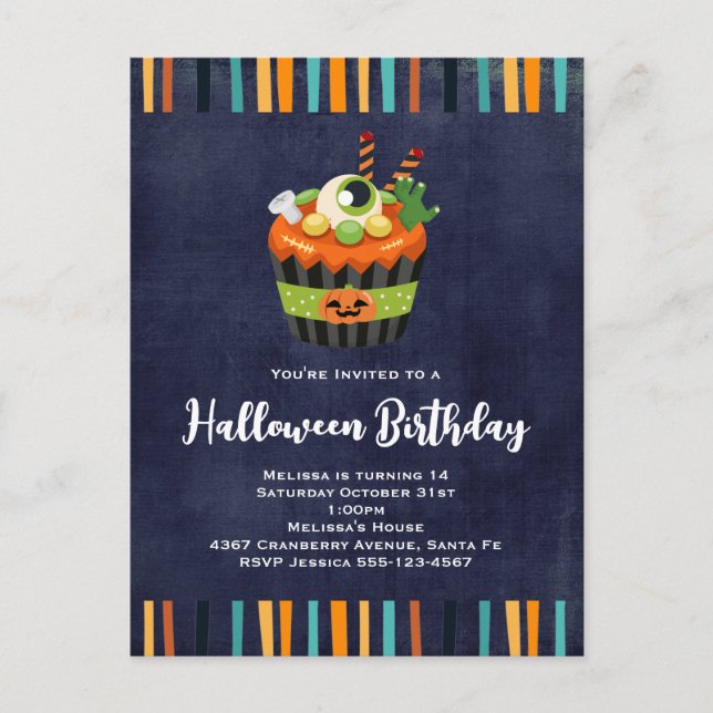 Convite de Festa de Cupcake de Halloween Fofo e As (Frente)