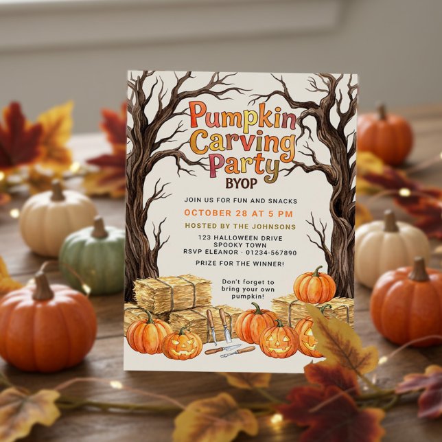 Convite de festa de decoração de abóbora Halloween (Pumpkin Carving Party invitation by Darling & May - available printed or digital download)