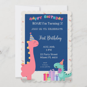 Convite de festa de dinossauro rosa e azul persona