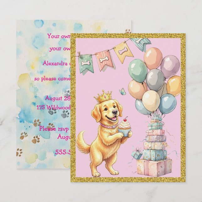 Convite de festa de download digital Golden Retrie (Frente/Verso)