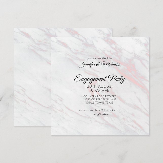 Convite de Festa de Engajamento Mármore Rosa e Cin (Frente/Verso)
