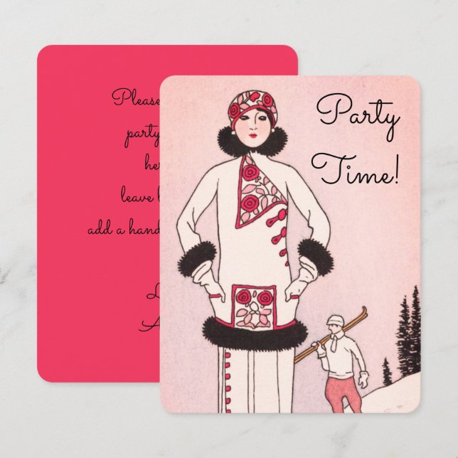 Convite de festa de esqui com cena de neve rosa re (Frente/Verso)