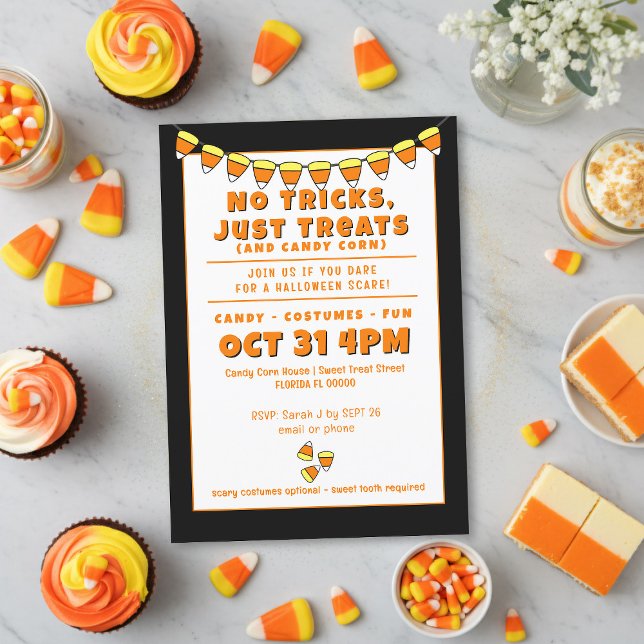 Convite de Festa de Fantasias com Doce de Milho no (No tricks just all the treats at your candy corn costume party. Add your details and eat them all)