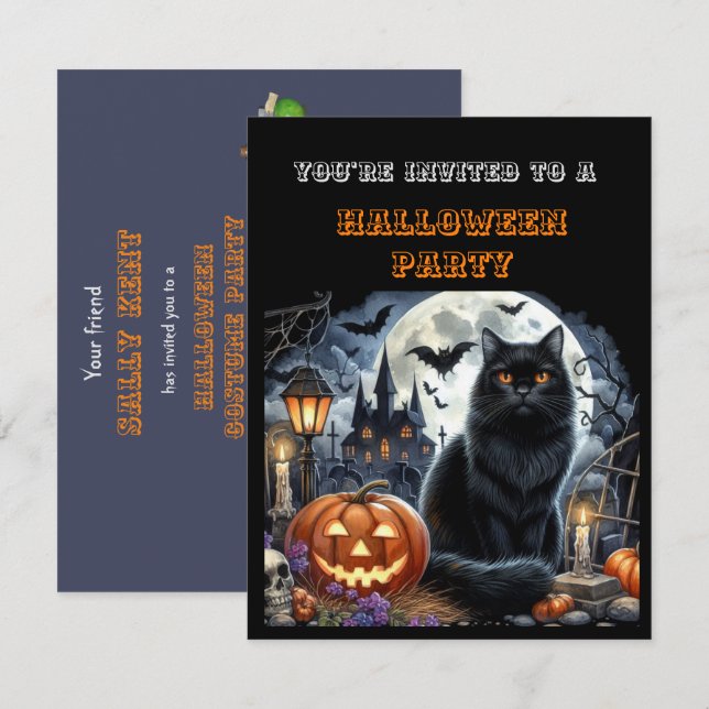 Convite de Festa de Fantasias de Halloween Preto p (Frente/Verso)