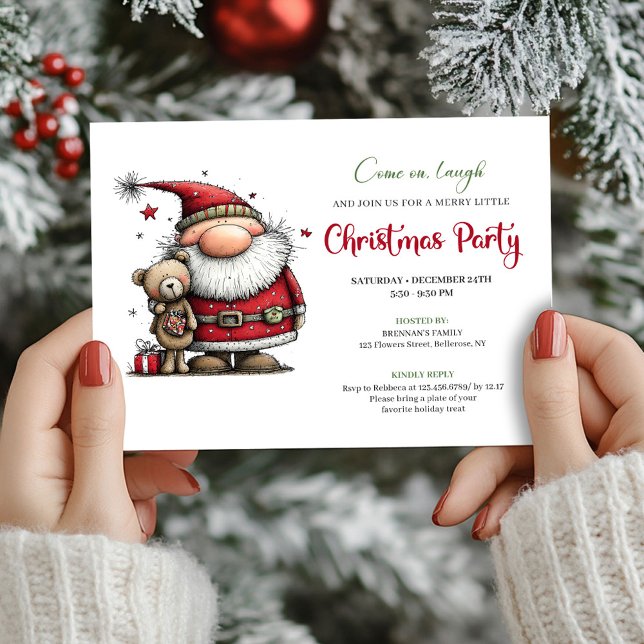 Convite de Festa de Férias do Papai Noel de Desenh (Whimsical Cartoon Santa Claus Holiday Party Invite)
