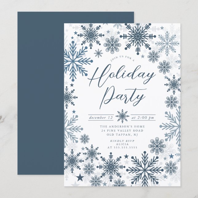 Convite de Festa de Fim de Ano Blue Snowflake (Frente/Verso)
