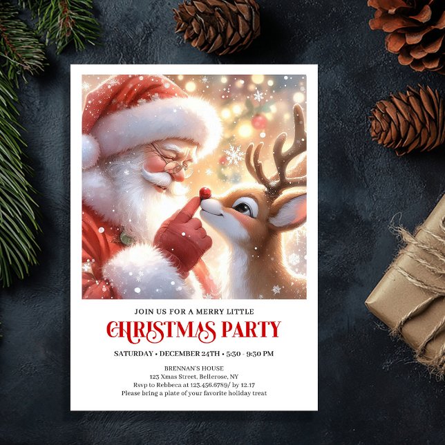 Convite de Festa de Fim de Ano do Papai Noel e Rud (Cute Santa and Rudolph Holiday Party Invitation)