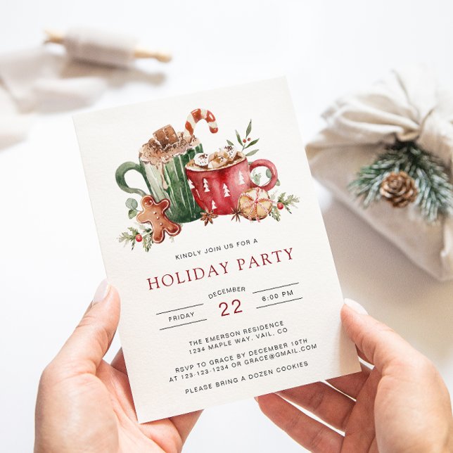 Convite de Festa de Fim de Ano em Aquarela (Festive Holiday Party Invitation | Watercolor Cookies, Cocoa & Greenery by Painted Paperie)