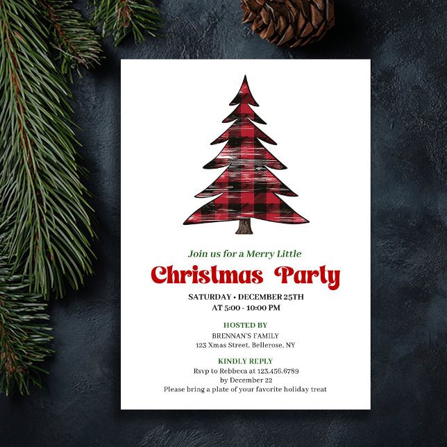 Convite de Festa de Fim de Ano em Xadrez Vermelho  (Elegant Red Black Plaid Holiday Party Invitation)