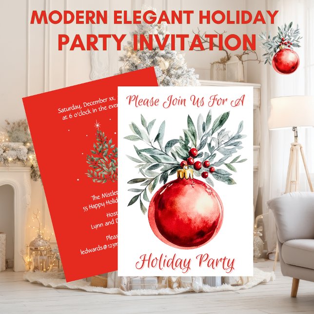 Convite de Festa de Fim de Ano Moderno e Elegante (Modern Elegant Holiday Ornament Party Invitation)