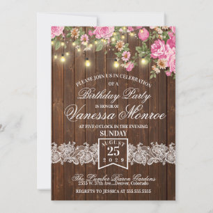Convite de Festa de Flores Rosa Rústico