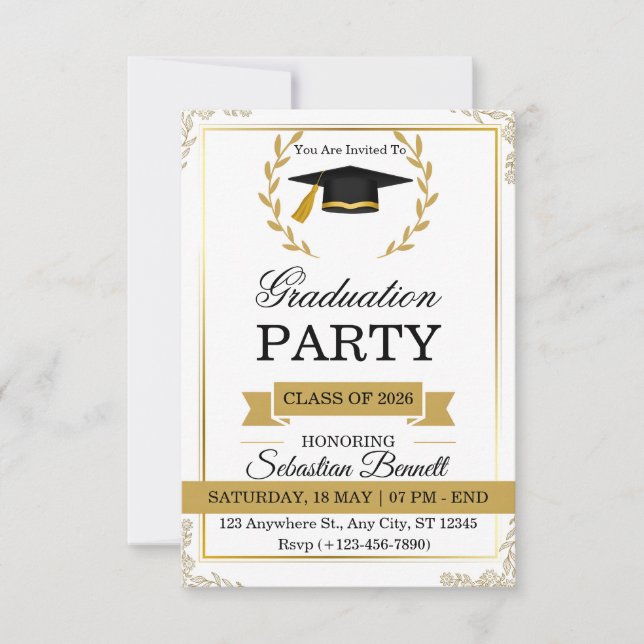 Convite de Festa de Formatura Branco e Dourado Ele (Frente)