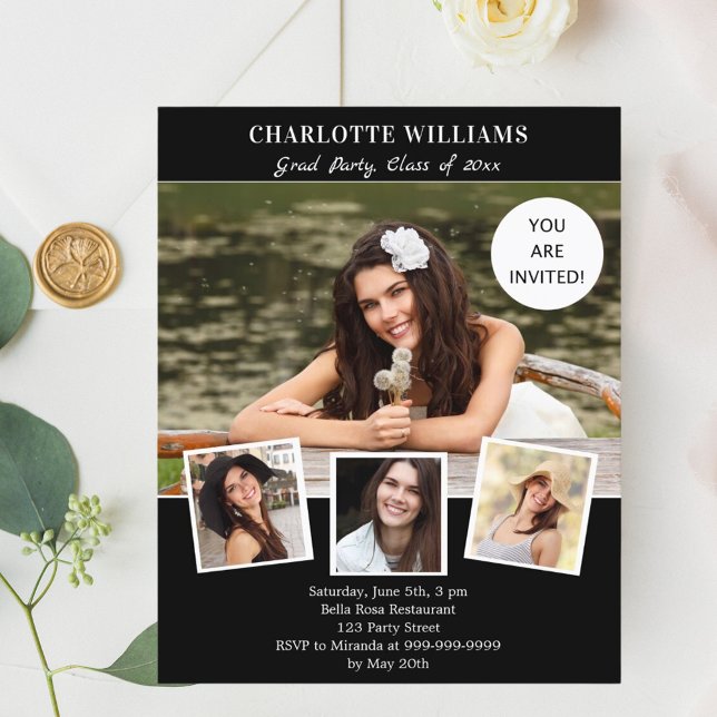 Convite de festa de formatura branco preto (Criador carregado)
