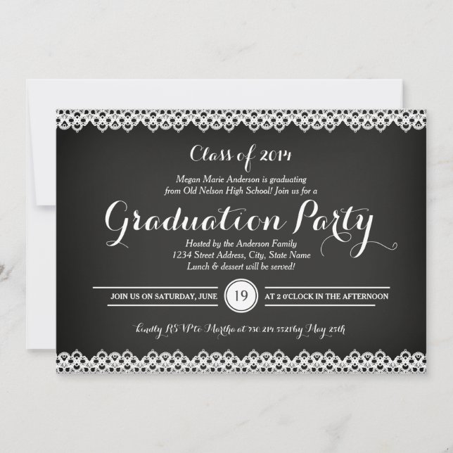 Convite de Festa de Formatura Chalkboard & Lace (Frente)