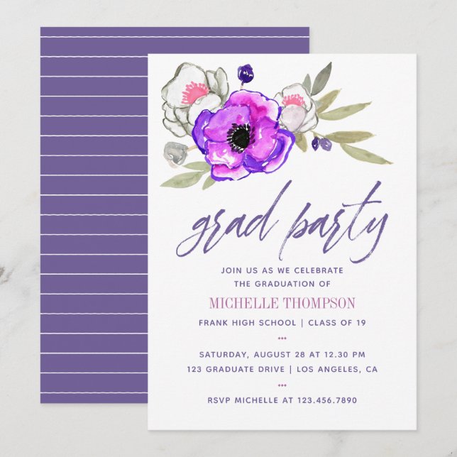 Convite de festa de formatura com flores em aquare (Frente/Verso)
