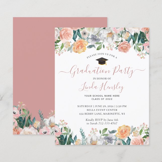 Convite de festa de formatura com flores em rosa p (Frente/Verso)