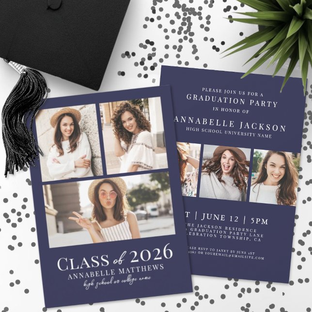 Convite de Festa de Formatura com Foto Azul Marinh (Navy Blue Photo Graduation Party Invitation)