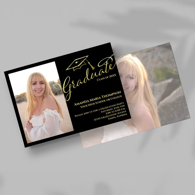 Convite de Festa de Formatura com Foto e Roteiro O (Black and gold script graduation invitation with graduate photo and cap illustration.)