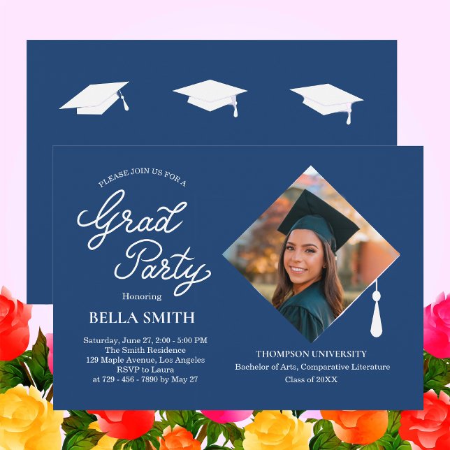 Convite de Festa de Formatura com Foto e Tampa de  (Elegant Stylish Cap Topper Photo Graduation Party Invitation )