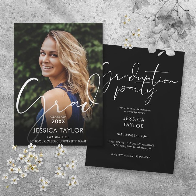 Convite de Festa de Formatura com Foto Elegante (Elegant Grad Script Photo Graduation Party Invitation)
