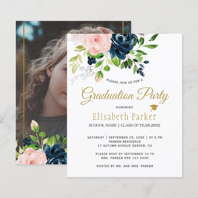 Convite de festa de formatura com foto floral de o (Frente/Verso)