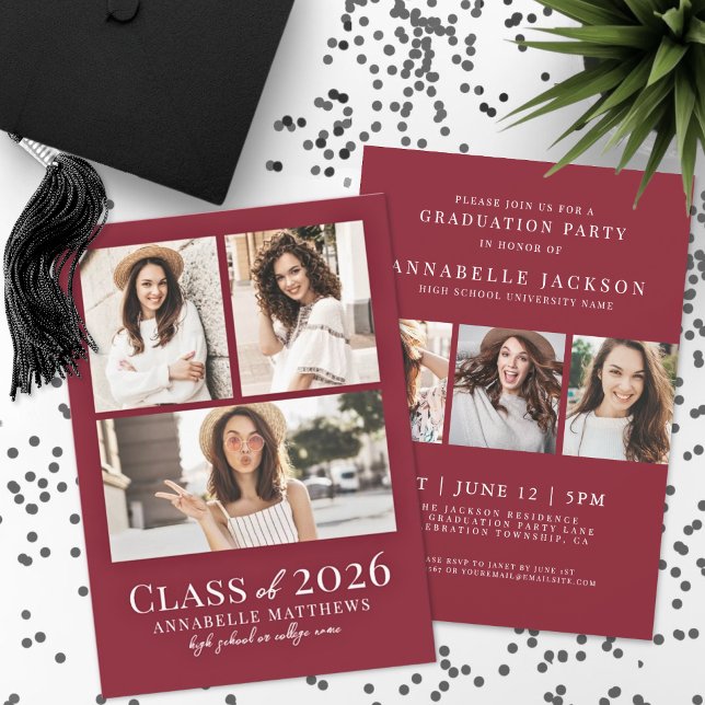 Convite de Festa de Formatura com Foto Vermelha (Red Photo Graduation Party Invitation )