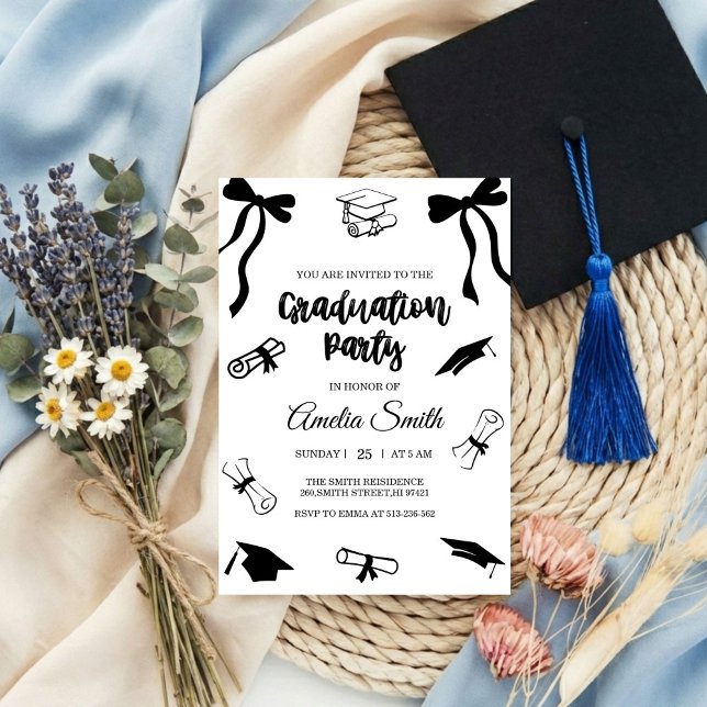 Convite de festa de formatura com laço preto simpl (Criador carregado)