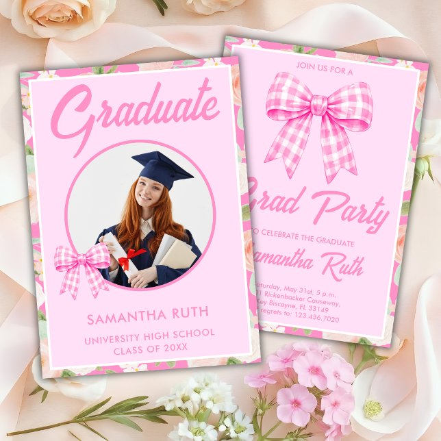 Convite de Festa de Formatura com Laço Xadrez Rosa (Criador carregado)