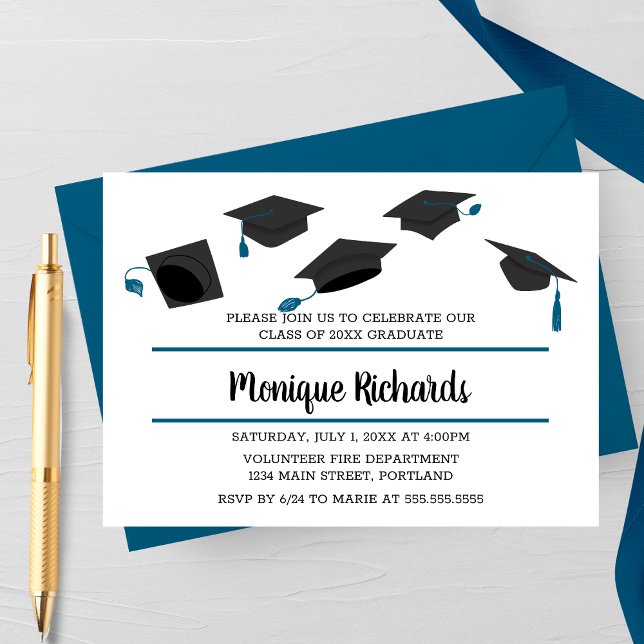 Convite de Festa de Formatura com Lançamento de Ch (Blue Horizontal Classical Hat Toss Graduation Party Invitation)