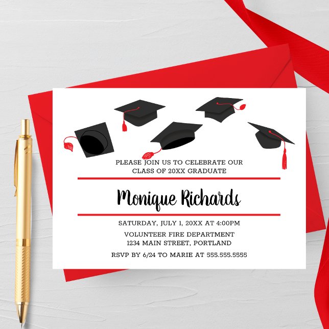 Convite de Festa de Formatura com Lançamento de Ch (Red Horizontal Classical Hat Toss Graduation Party Invitation)