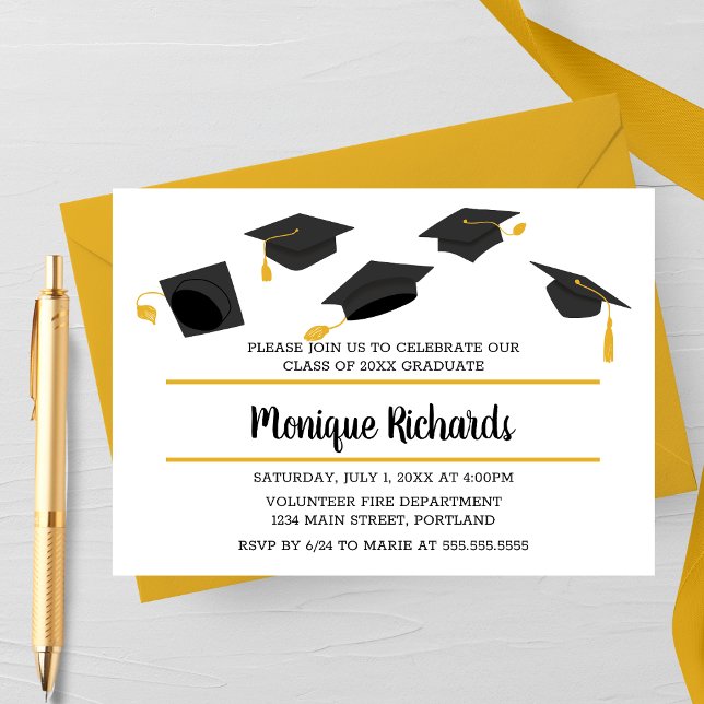 Convite de Festa de Formatura com Lançamento de To (Yellow Horizontal Classical Hat Toss Graduation Party Invitation)