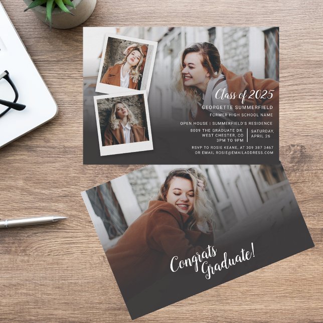 Convite de Festa de Formatura Com Script de 4 Foto (Graduation 2025 Multi Photo Open House Party Invitation)