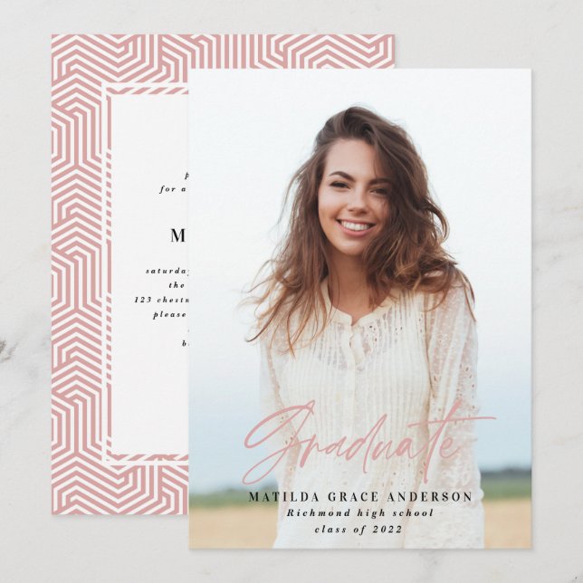 Convite de festa de formatura cor-de-rosa com foto (Frente/Verso)