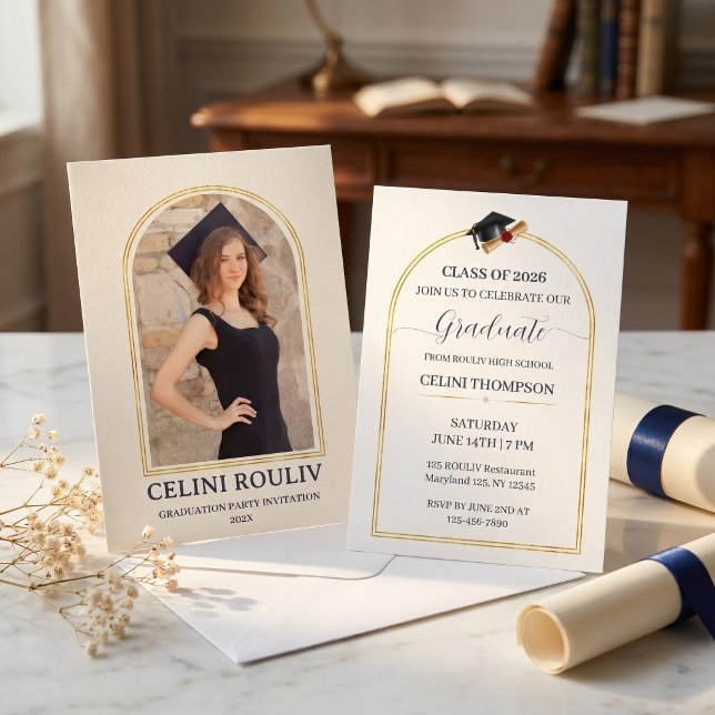 Convite de Festa de Formatura da Turma de 2026 da  (Elegant Arch Photo Graduation Party Invitation class  of 2026)
