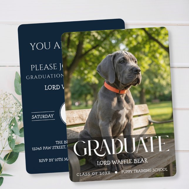 Convite de Festa de Formatura de Cachorro Foto de  (Dog Graduation Party Invitation Pet Photos in Navy Blue)