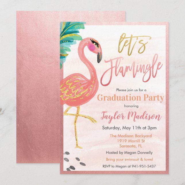 Convite de Festa de Formatura de Flamingo em Aquar (Frente/Verso)
