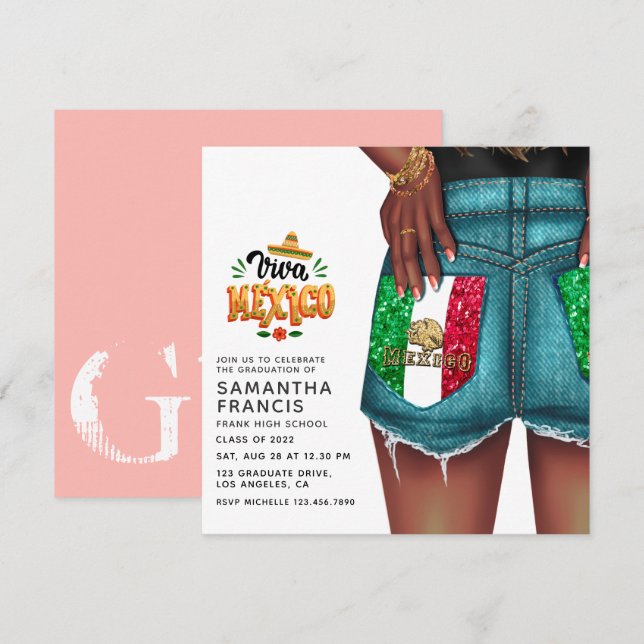 Convite de Festa de Formatura de Garota Denim Mexi (Frente/Verso)