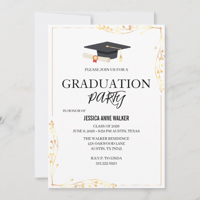 Convite de Festa de Formatura Elegante Dourado Edi (Frente)